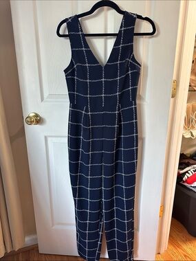 V-Neck Navy Midi Dress with White Windowpane Check